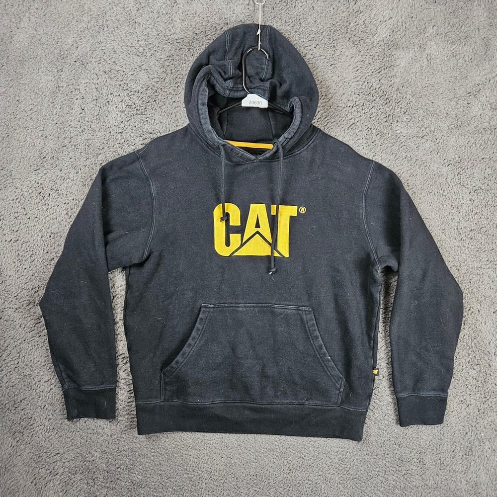 Caterpillar CAT‎ Mens Black Pullover Hoodie Yellow Embroidered Logo Size Medium